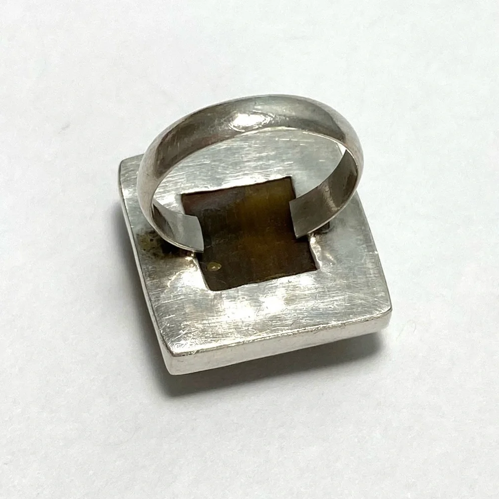 Tiger’s Eye 925 Artisan Native Ring Sterling Silver Size 7.25 Square 11.82g